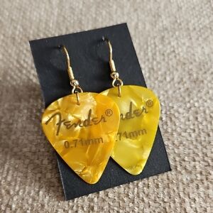 Fender Yellow Guitar Pick Drop Earrings with Gold Hooks